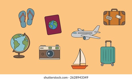 Travel Essentials Flat Icon Set – Passport, Camera, Airplane, Sailboat and Globe on Orange Background for Vacation, Holiday and Adventure Themes