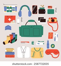 Travel Essentials Flat Vector Illustration Packing Checklist, Luggage, Clothing, Gadgets, Toiletries, Passport, and Accessories for a Trip. Vector illustration