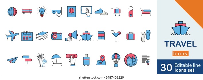 Travel Essentials icon Set. containing Luggage, Airplane, Map, Passport and more icon