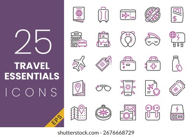 Travel essentials icon set with line color style contains icons of passport, hotel, suitcase, compass and other travel equipment.