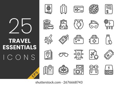 Travel essentials icon set with line style contains icons of passport, hotel, suitcase, compass and other travel equipment,	