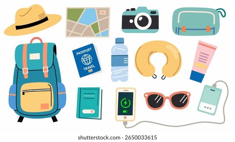 Travel essentials items in flat style, including backpack, map, passport, camera, hat, water bottle, sunglasses, and more. Perfect for vacation and tourism content.