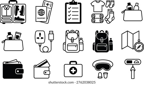 Travel essentials packing icon set vector suitcase passport checklist backpack adapter toiletries modern flat illustration vacation collection pack