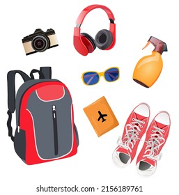 Travel essentials. Set of colorful objects: backpack, camera, headphone, sneakers, sunglasses, passport. Realistic vector illustrations isolated on white background.