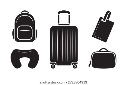 travel essentials silhouette object of backpack, suitcase, luggage tag, neck pillow