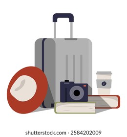 Travel Essentials With Suitcase, Camera, And Accessories In Flat Vector Illustration Symbolizing Vacation, Adventure, And Tourism, Isolated On White Background