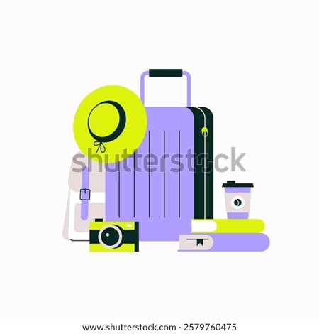Travel Essentials And Suitcase In Flat Vector Illustration Symbolizing Vacation Preparation, Packing, And Tourism, Isolated On White Background