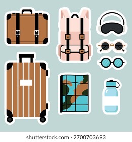 Travel essentials vector sticker set with suitcase, backpack, map, sunglasses, bottle, and sleep mask. Perfect for travel planners, scrapbooking, and vacation-themed designs.