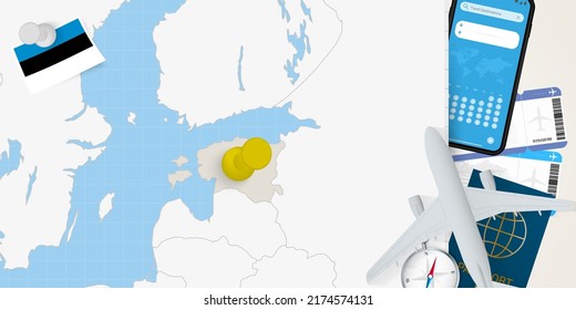 Viaje al concepto de Estonia, mapa con pin en el mapa de Estonia. Mapa de preparación de vacaciones, bandera, pasaporte y boletos. Ilustración vectorial en diseño plano.