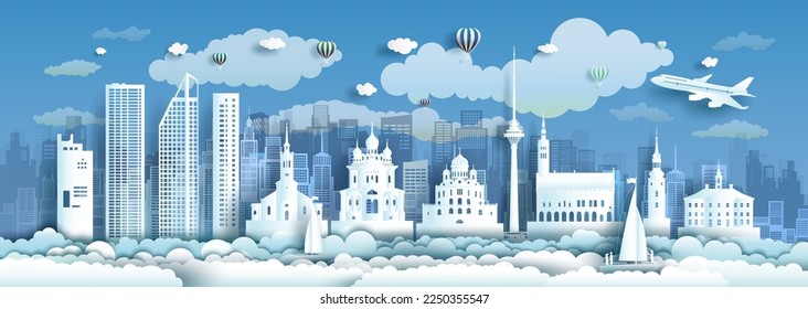 Travel Estonia to europe landmark of with modern and ancient architecture cityscape background. Tour landmarks europe to Estonia, Tallinn, alexander nevsky,  Business travel brochure modern design.