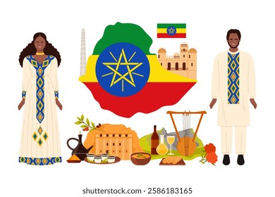 Travel to Ethiopia set, infographic collage with big Ethiopian flag and map. Mountains and elements of culture, landmarks and food, man and woman in traditional costumes cartoon vector illustration