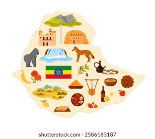 Travel to Ethiopia set, stickers of food and culture, nature savannah and mountain landscape on infographic country map with flag. Famous tourist attractions, coffee and animals vector illustration