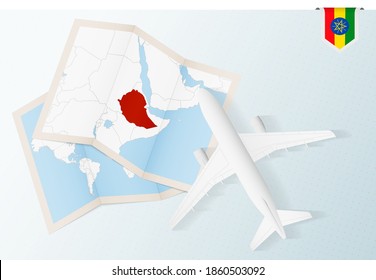 Travel to Ethiopia, top view airplane with map and flag of Ethiopia. Travel and tourism banner design.