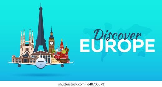 Travel to Europe. Airplane with Attractions. Travel vector banners. Flat style