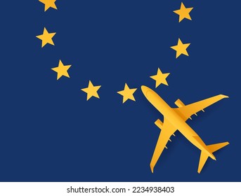 Banner de viaje a Europa - avión 3D a la vista superior y bandera de la UE