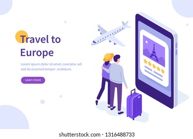 Travel to Europe concept. Can use for web banner, infographics, hero images. Flat isometric vector illustration isolated on white background.