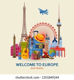 Travel in Europe concept. European most famous sights set. Architectural buildings. Tourist background with suitcases, sunglasses, hat, camera and flip. Flying paper planes at the back Vector illustra