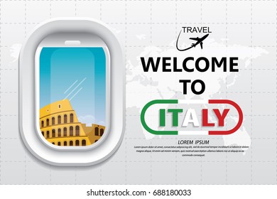 Travel Europe concept see through airplane windows with Europe landmark Colosseum, airplane windows vector