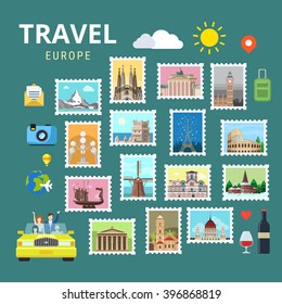 Travel Europe England Italy France Austria Switzerland Ukraine. Picture gallery vector template flat style. Tourism sightseeing POI landmark world famous places. Vacation city country collection.