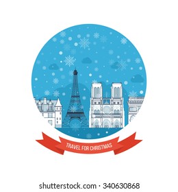 Travel to Europe. Travel to France for christmas and New Year. Cute invitation card with winter city life and space for text. Merry Christmas greeting card design. Paris Christmas winter. 