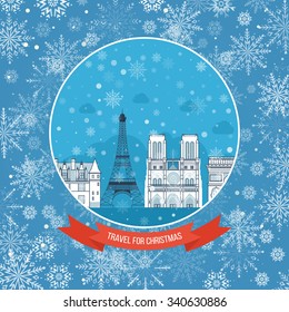 Travel to Europe. Travel to France for christmas and New Year. Cute invitation card with winter city life and space for text. Merry Christmas greeting card design. Paris Christmas winter. 