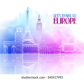 Travel Europe Hand Drawing with Famous Landmarks and Places in Colorful Watercolor Background with Reflection. Vector Illustration
