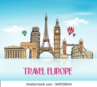 Travel Europe Hand Drawing with Famous Landmarks and Places in Blue Background with Reflection. Vector Illustration
