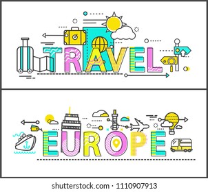 Travel to Europe isolated on white colorful poster, different vehicles icons set, images of suitcases bus plane and marine vessel vector illustration