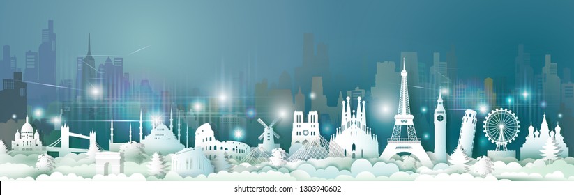 Travel Europe landmarks of world with skyscraper at night light, Traveling world with cityscape panorama, Popular capital with skyline, Origami paper cut style for postcard poster, Vector illustration