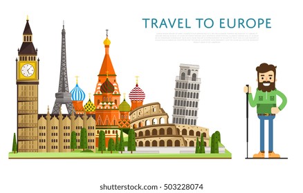 Travel to Europe. Promotion banner with European famous landmark architecture skyline and man tourist vector illustration. Europe adventure and cultural exploration. Time to travel. Excited eurotrip
