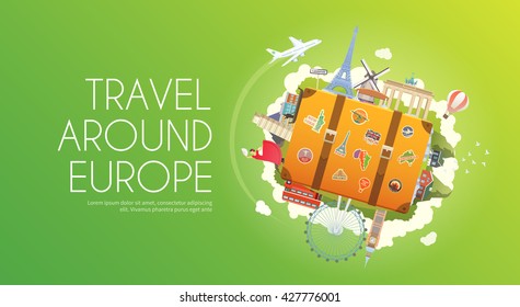 Travel To Europe. Suitcase With Landmarks. Web Advertising Banner.  Modern Flat Design.