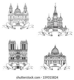 Travel Europe vector set  Famous european landmarks collection  City symbols: Paris (Notre Dame Cathedral)  London (St Paul Cathedral)  Rome (St  Peter Cathedral)  Moscow  (St  Basil Cathedral)