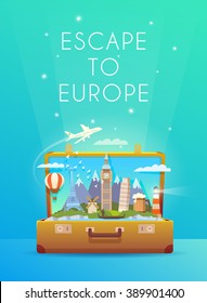 Travel To Europe. Vertical Travel Banner. Open Suitcase With Landmarks.  Flat Style. 