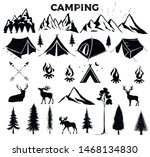 Travel Event. Camping vector logo template for your design. Tourist tent, forest, camp, trees, Camp badges, labels, banners, brochures. Set of vintage camping, outdoor adventure emblems.