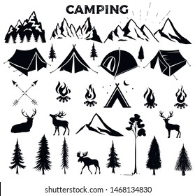 Travel Event. Camping vector logo template for your design. Tourist tent, forest, camp, trees, Camp badges, labels, banners, brochures. Set of vintage camping, outdoor adventure emblems.