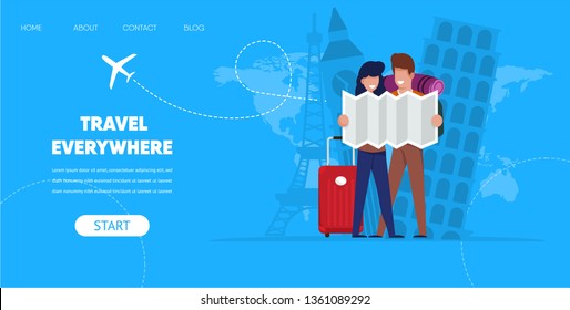 Travel Everywhere Concept. Cartoon Man Woman With Map Suitcase Bag Vector Illustration. Famous Europe Monuments Eiffel Tower Paris London Pizza Background. Buy Flight Ticket Online App