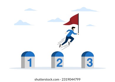 travel or execution concept to achieve business success, project milestones to progress towards business goals, skilled businessman holding success flag jumping on target milestones.