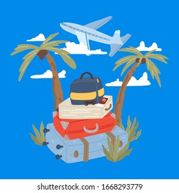 Travel to exotic countries concept. Pile of luggage and suitcases. Summer vacation. Tourism. Airplane and clouds on blue background. Vector cartoon illustration