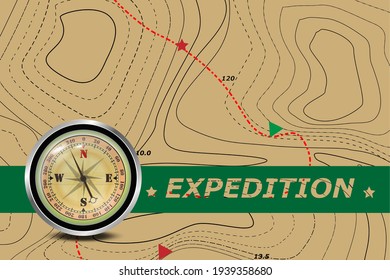 Viajes. Expedición y brújula y mapa de azimuth. El fondo de la ruta en el mapa del contorno. Símbolo de turismo y viajes.