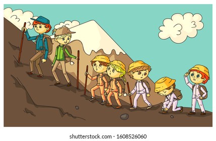 Travel expedition with schoolchildren in mountains. Hiking and trekking with sticks. Adult and little hikers with backpacks. Active extreme recreation. Camping in highlands. Vector flat illustration