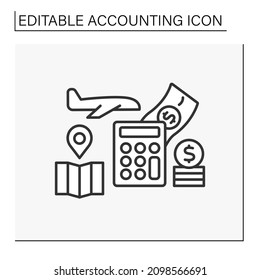 Travel expenses line icon. Business trip. Saving money during vacation. Summarizing, analyzing and reporting transactions. Accounting concept. Isolated vector illustration. Editable stroke