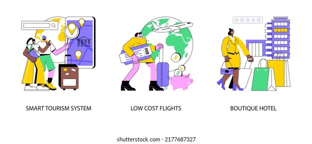 Travel experience abstract concept vector illustration set. Smart tourism system, low cost flights, boutique hotel, smart tour guide, buy ticket online, luxury hotel, thermal spa abstract metaphor.