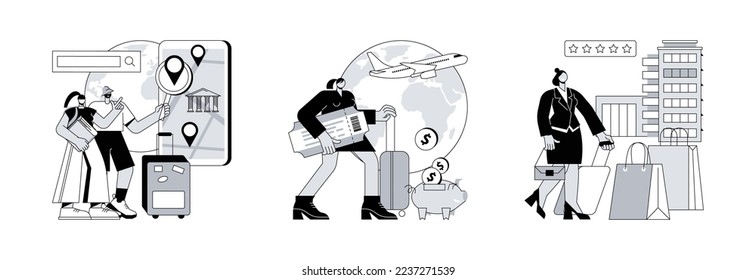 Travel experience abstract concept vector illustration set. Smart tourism system, low cost flights, boutique hotel, smart tour guide, buy ticket online, luxury hotel, thermal spa abstract metaphor.