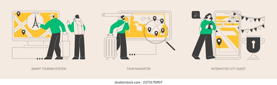 Travel experience abstract concept vector illustration set. Smart tourism system, tour navigator, interactive city quest, holiday planner, sightseeing tour, urban park, museum abstract metaphor.