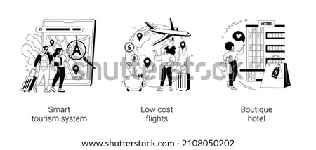 Vector Travel experience abstract concept vector illustration set. Smart tourism system, low cost flights, boutique hotel, smart tour guide, buy ticket online, luxury hotel, thermal spa abstract metaphor.