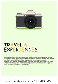 Travel and Experience content poster by flat vector, mirrorless camera at upper poster and detail at lover page.