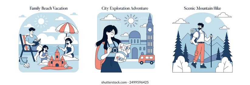 Travel Experience set. Family at the beach, exploration in the city, and hiking in the mountains. Leisure activities and vacation scenes. Vector illustration.