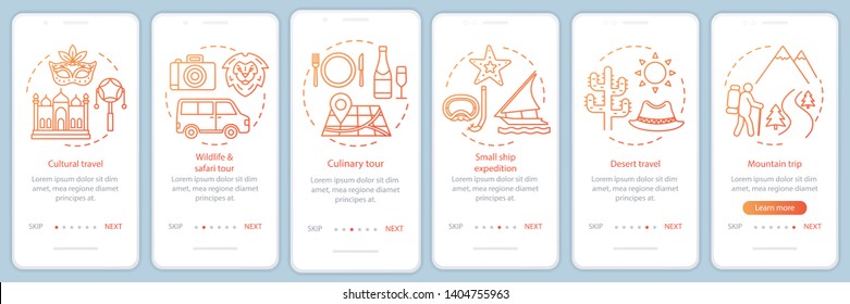 Travel experiences onboarding mobile app page screen with linear concepts. Culinary trip. Six walkthrough steps graphic instructions. Desert travel. UX, UI, GUI vector template with illustrations