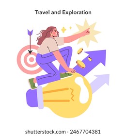 Travel and Exploration concept. Adventurous woman rides a symbolic bulb, aiming for her goals with a map and dart, epitomizing the thrill of discovery. The spirit of adventure in a digital age.