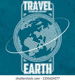 Travel, exploration and discovery Earth. Stylized continents on the background of the globe. All elements located on separate layers. Cracks and abrasions can be disabled.